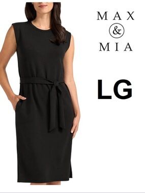 Max & Mia Black Midi Dress Large Belted Sleeveless Career Work Sheath Pockets